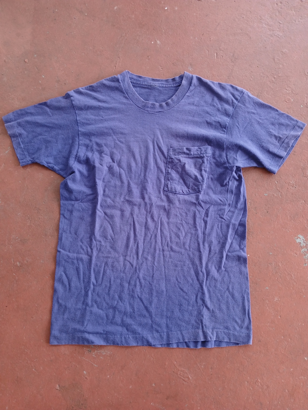 Vtg Blank T Shirt Mens L Sun Fade 70s 80s Blue Selvedge Pocket Single Stitch